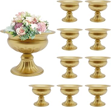 10 Pcs Gold Mini Metal Urn Planter Pot 4.7" Metal Wedding Table Centerpieces Flower Arrangement, Compote Trumpet Vase for Party Birthday Anniversary Ceremony