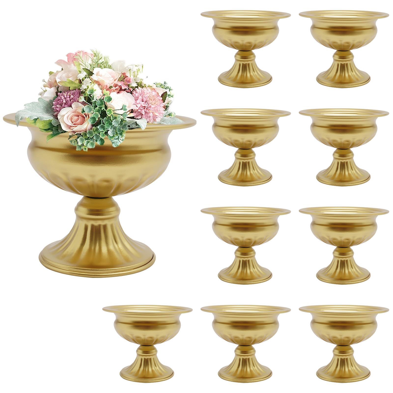10 Pcs Gold Mini Metal Urn Planter Pot 4.7" Metal Wedding Table Centerpieces Flower Arrangement, Compote Trumpet Vase for Party Birthday Anniversary Ceremony