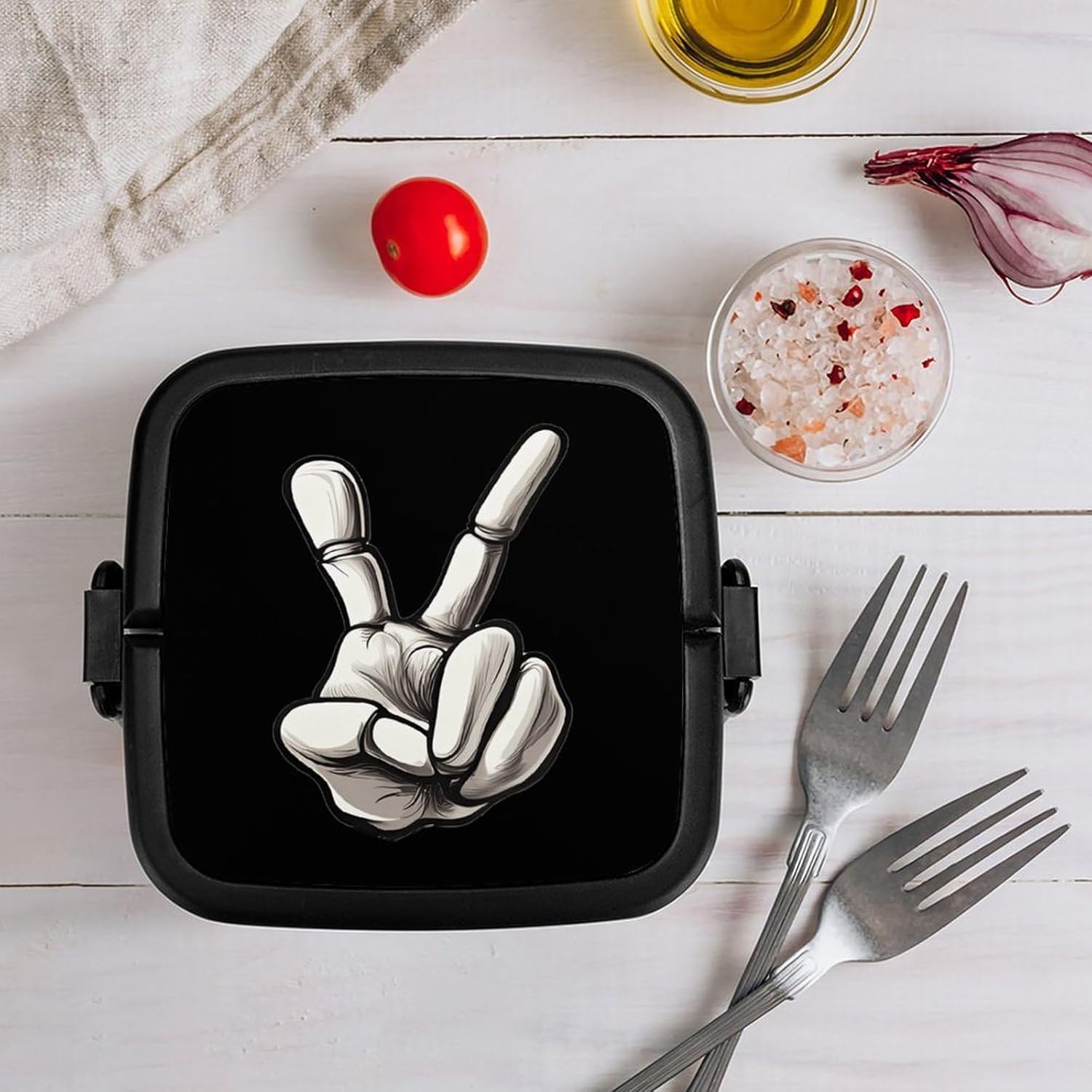 Halloween Skeleton Hand Peace Bento Box with Spoon 2 Layer Food Container Cute Lunch Box for Travel Dining Work