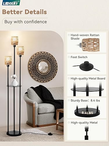 Miniatura 7 de LEDIARY Lámpara de pie bohemia de 65 pulgadas para sala de estar, lámpara de pie de ratán con estantes, 3 bombillas LED incluidas, lámpara de pie