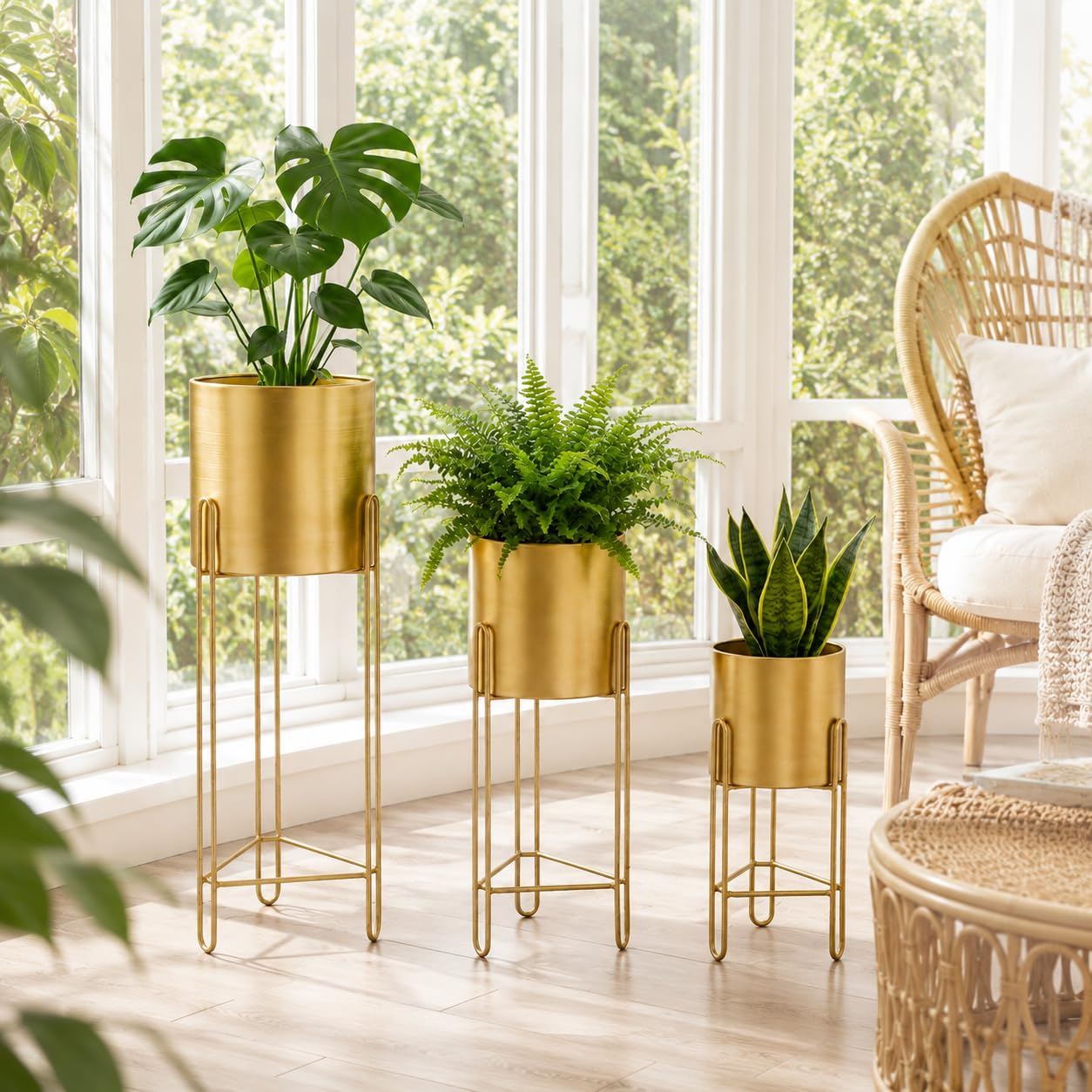 TRIROCKS Set di 3 Vasi Moderni con Supporto, Fioriere per Piante da Interno/Esterno per Soggiorno, Cucina, Giardino, Balcone (Oro)