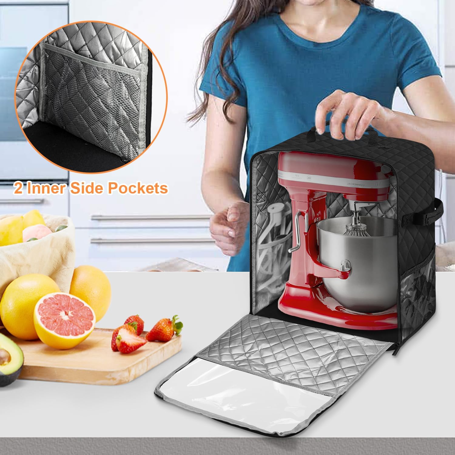 Stand Mixer Cover with Storage Pockets - Dust Proof Blender Storage Bag for 6-8 qt Mixers, Fits Most Blenders & Kitchen Appliances | Multi-Pocket Organizer with Carry Handle (Black)