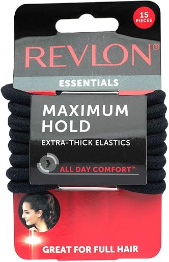 REVLON Extra Thick Black Hair Elastics, 15 Count | Maximum Hold, All-Day Comfort