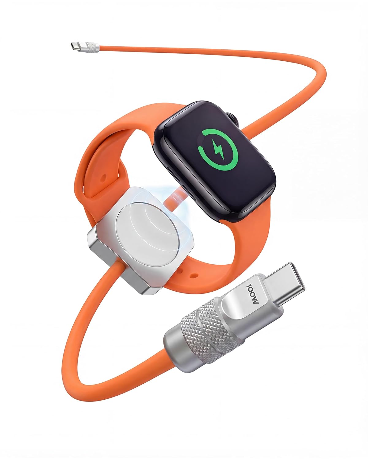 chubbycable Solo-Flex 2-in-1 USB-C Cable 100W Fast Charging Built-in 5W Magnetic Charger for Apple Watch 4FT Thick Silicone Cable Compatible with iWatch, AirPods, iPhone, iPad, MacBook, Orange