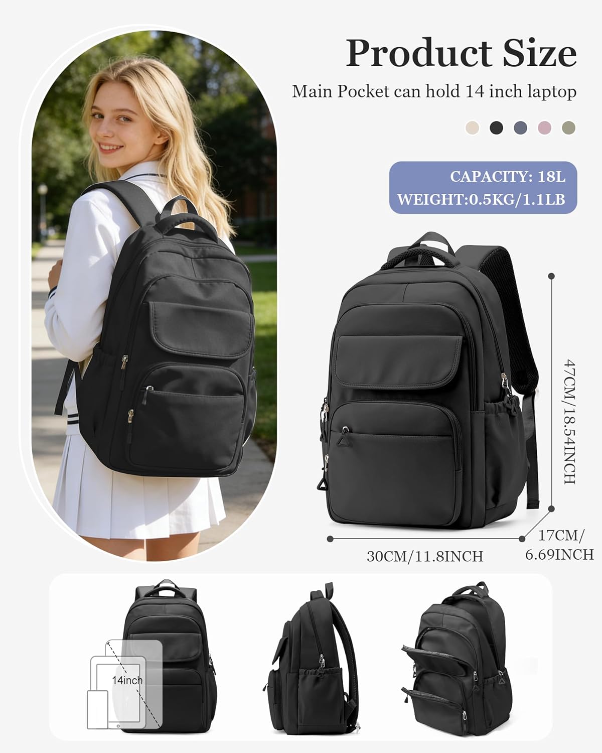 Black School Backpack for Women Men Cute Backpack for College Students Lightweight High School bag for Teens Girls Boys Waterproof Casual Daypacks Bookbag - Image 2