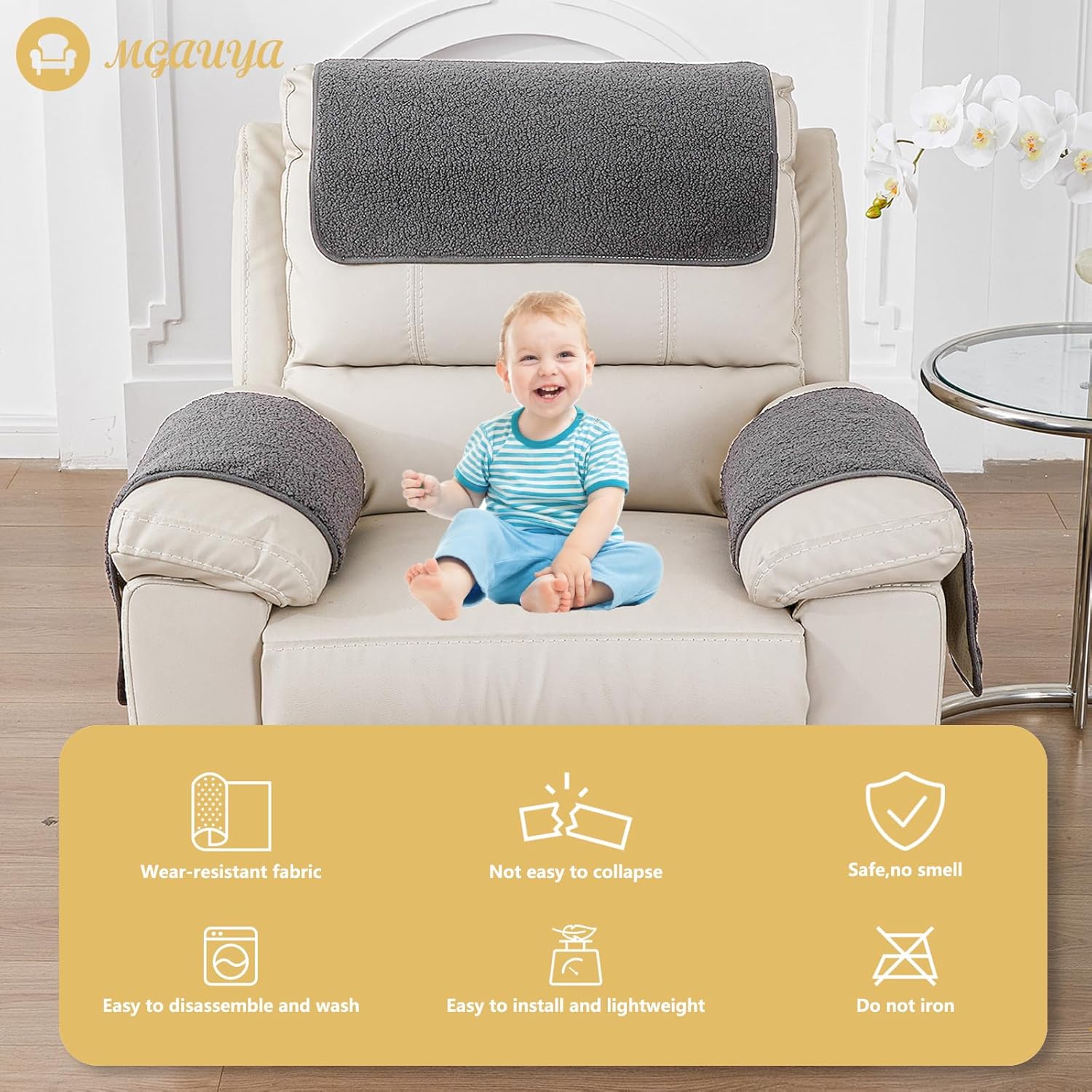 Armrest Covers - Armrest Protector Lamb Velvet Recliner Non-Slip Leather Armchair Protector Cover with Pockets for Tv Armchair Chair, Sofa Removable Washable,Grey-1 seat (3pcs)