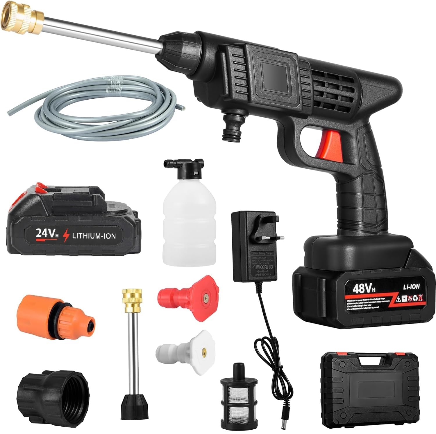 High Pressure Cordless Car Washer Water Gun 2000W 90Bar Jet Wash Cleaner + 48V & 24V Battery 22000mAh