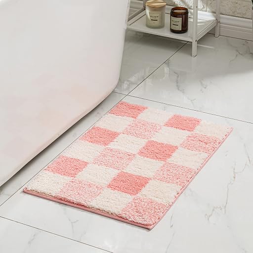 CozeCube Bath mats for Bathroom Non Slip, Fluffy Absorbent Microfiber Bath mat Washable, Aesthetic Bathroom Rugs, Cute Blossom Pink Checkered Bath mat, Blossom Pink, 32" x 20"