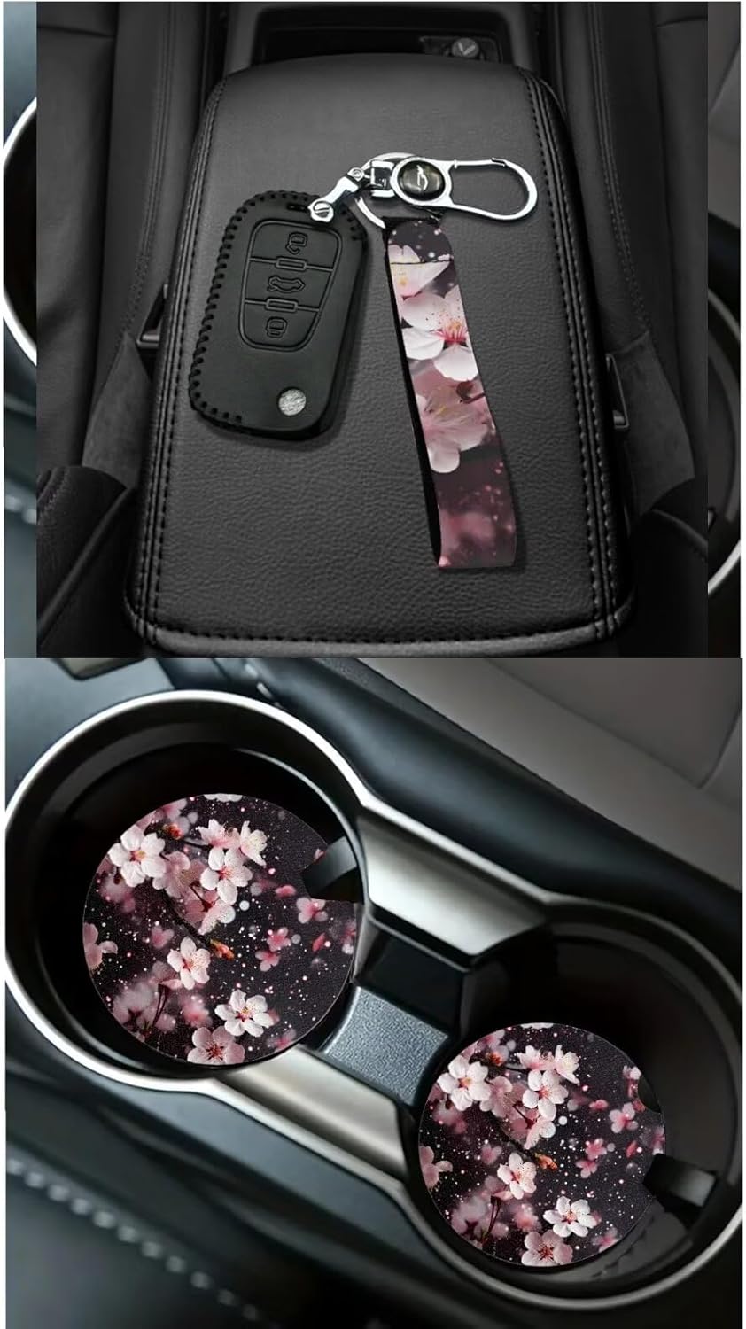 Cherry Blossom Car Seat Cover Full Set for Women Men,Car Steering Wheel Cover,Seatbelt Cover,Automotive Car Garbage Cans,Car Rear View Mirror Protector,Car Cup Holder and Car Keychain