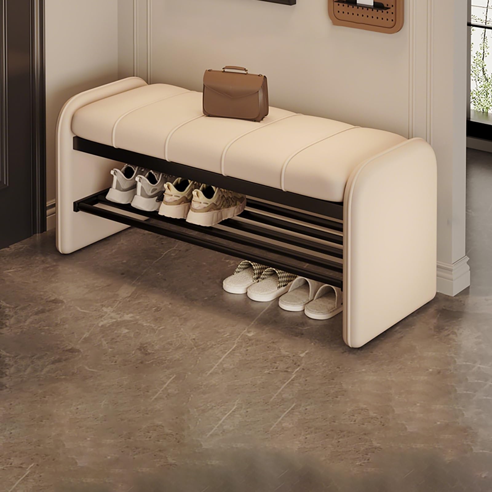 Banc d'entrée à chaussures rembourré avec étagère basse en métal noir