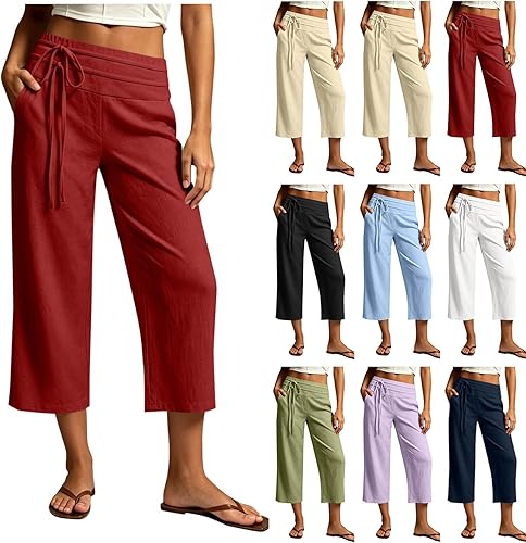 BFAFEN Linen Capri Pants for Women Wide Leg Drawstring Elastic High Waisted Lounge-Pants Summer Fall Vacation Trousers Pocket