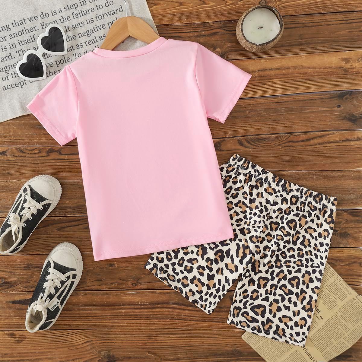 7-13 Years Girls 2-Piece Summer Outfit Set, Bow Print T-Shirt & Leopard Print Casual Shorts