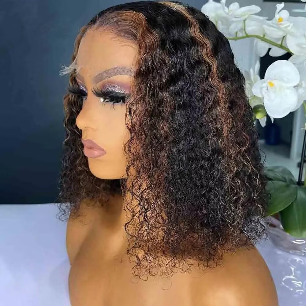 Highlight Blonde Short Bob Glueless Wig Human Hair Ombre Colored Curly Bob Transparent HD 13X4 Lace Frontal Wigs Pre Plucked with Bleached Knots for Women 150 Density Short Wave Wig