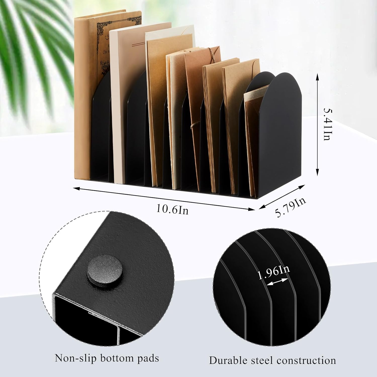 Suzile Metal Desktop File Organizer, 10 Compartments, Vertical File Sorter, Black, 10.63 L x 5.79 W x 5.41 H, Office, Reception Areas, Workspace