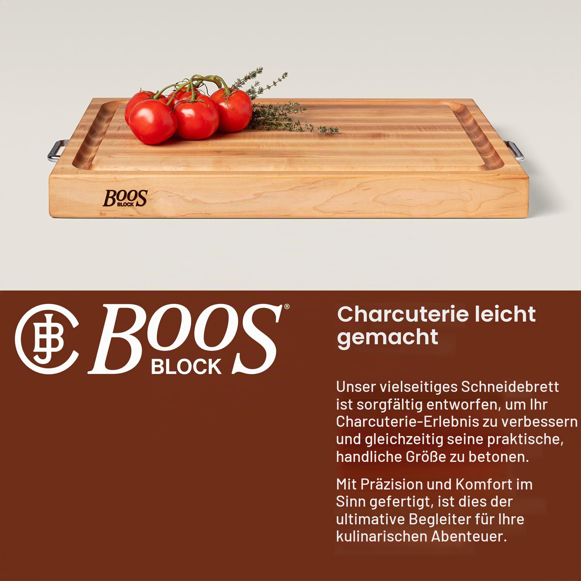 Boos Block BBQ Schneidebrett mit Edelstahlgriffen und Saftrille XXL – 61 x 46 x 6 cm – Schneidebrett Holz mit Griff – Ahornbrett groß – Hackbrett – Fleischbrett – Profi-Brett | 61 x 46 x 6 CM - Schneidebrett Holz Mit Griff - Nordamerikanisches Ahorn Schne