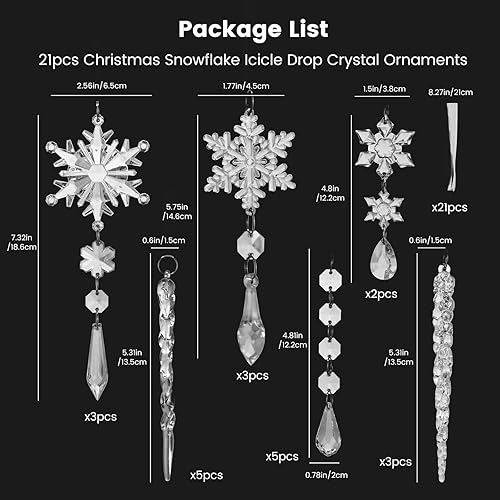 Miniatura 6 de MSQ 21 piezas de adornos de Navidad de cristal para árbol, adornos de copo de nieve de acrílico transparente, adornos de carámbano de cristal
