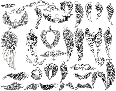 Assorted Angel Wings Feathers punk Charm Pendant Connector for DIY Jewelry Making Accessaries36pcs,Antique Silver Tone
