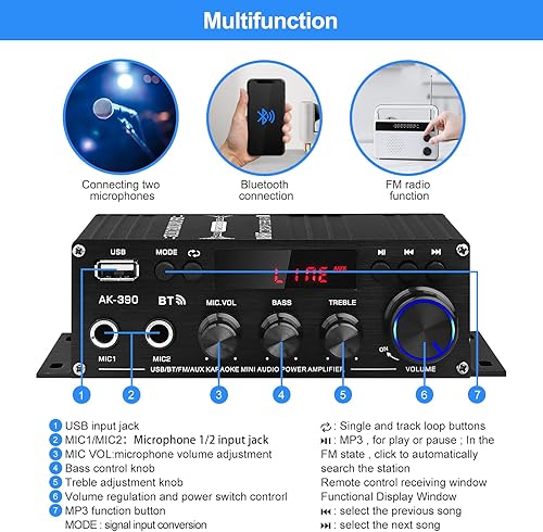 Miniatura 2 de Amplificador de audio estéreo para el hogar, AK-390 Bluetooth5.0 HiFi Mini amplificador de audio 2.0 canales RMS 40W x 2 componentes de audio