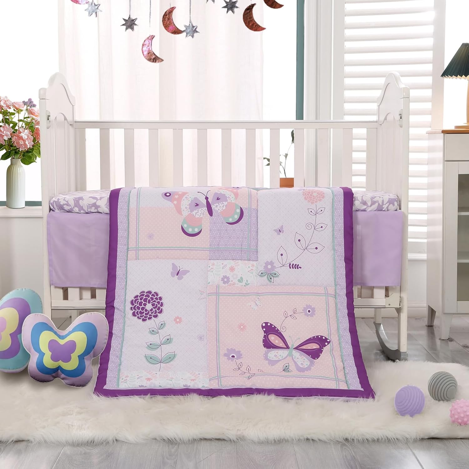 Wowelife Crib Bedding Set for Girls, 3 Pieces Floral Butterfly Baby Girl Bedding Set, Include Crib Comforter Fitted Sheet and Crib Skirt, Standard Size Nursery Crib Set for Girls, Purple