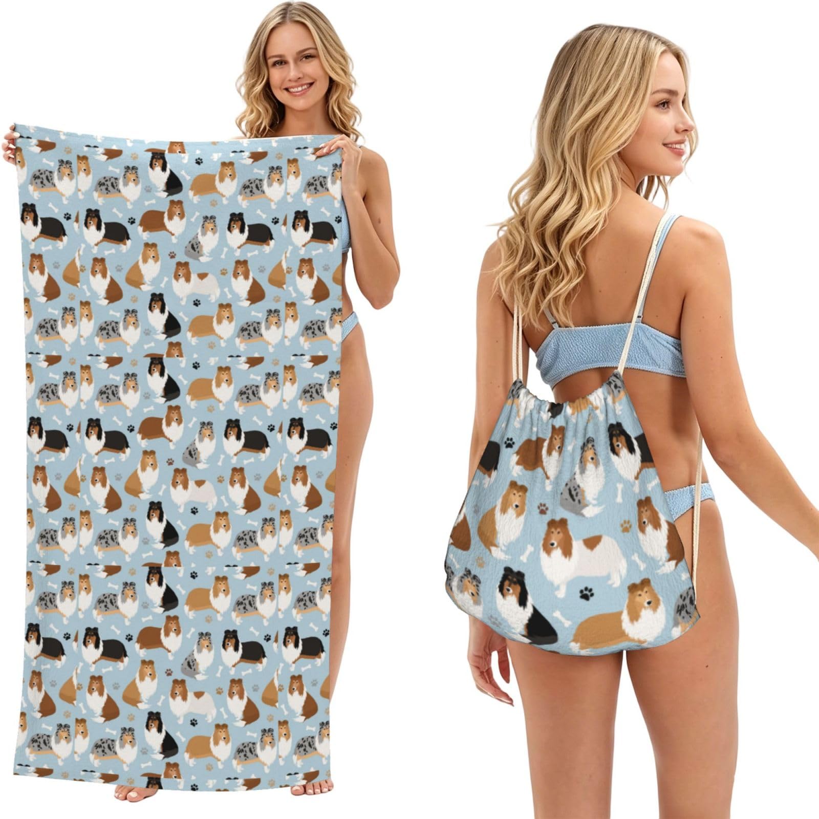 Poadnly As Picture Rough Collie Paws And Bones, 2 In 1 Packable Towel Bag, Beach Towels With Drawstring Backpack For Travel Holiday Camping