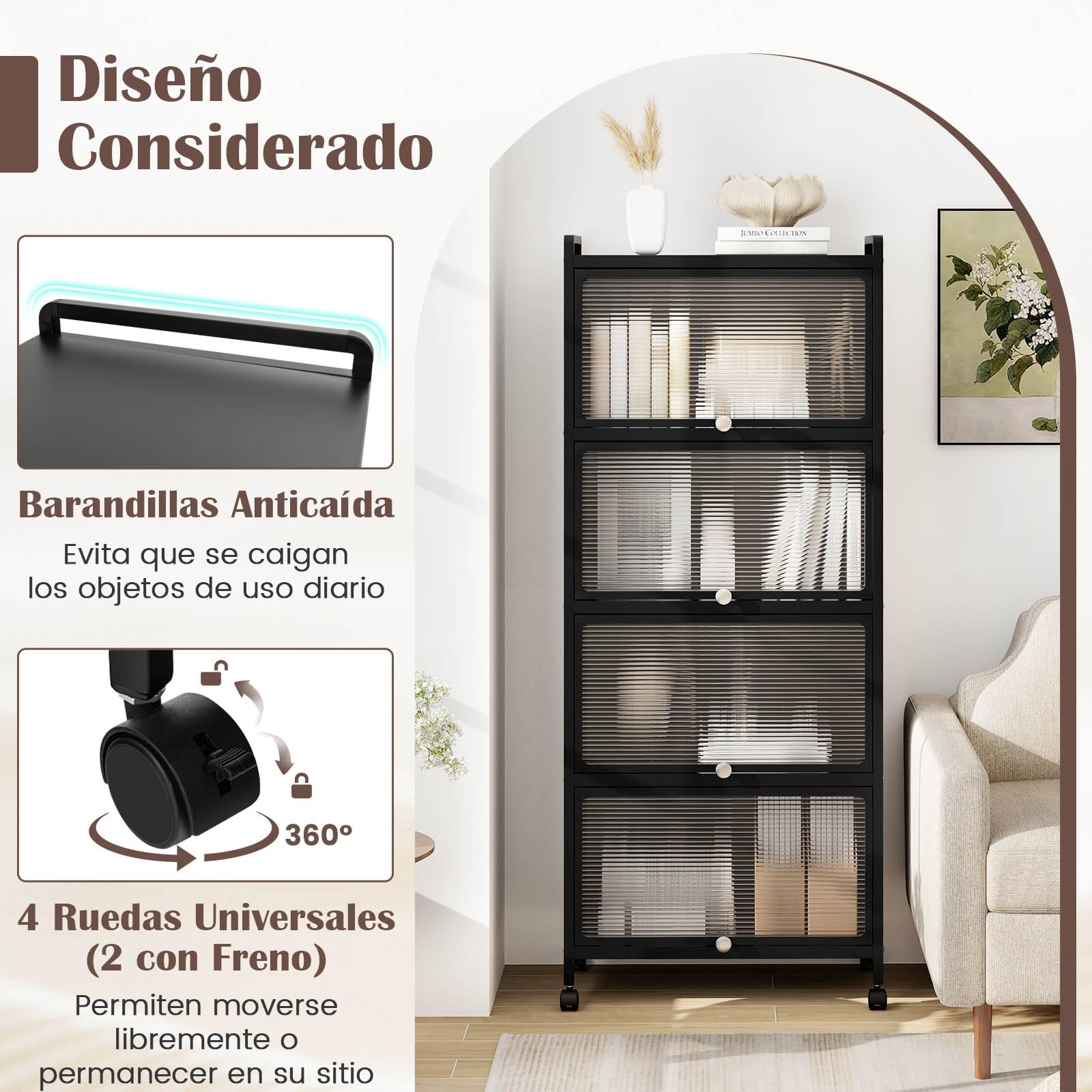 GIANTEX Armario de Cocina de Metal con 4 Compartimentos, 60 x 32 x 154 cm, 4 Puertas Abatibles de PC, Armario de Almacenamiento con 4 Ruedas con Kit Antivuelco, para Cocina, Comedor (Negro)