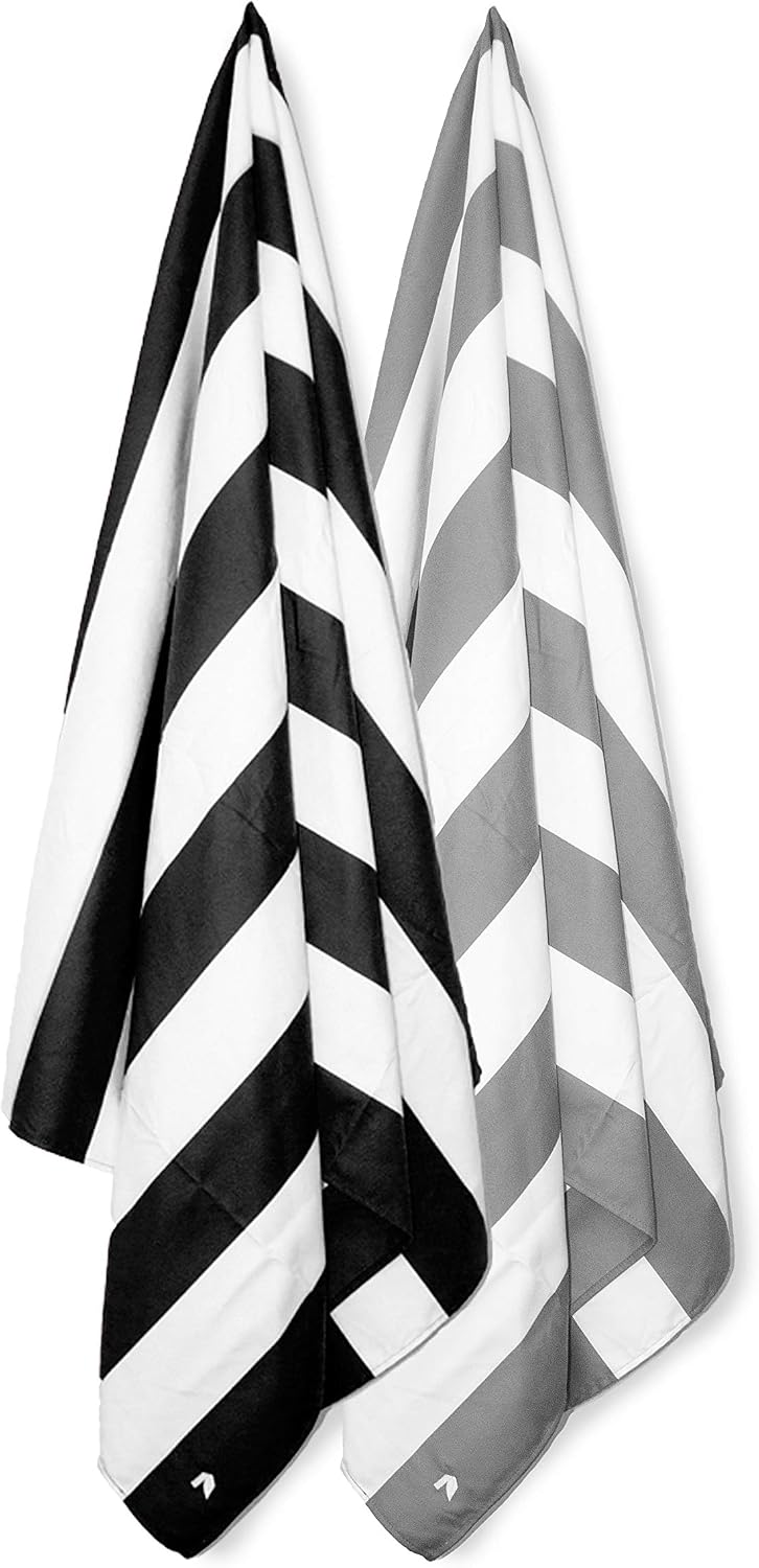Cabana Beach Towels Stripe Collection - 2 Pack (Stripe Gray, Stripe Black) The Original Sand Free Microfiber Beach, Pool & Travel Towel. Extra Large & Quick Dry