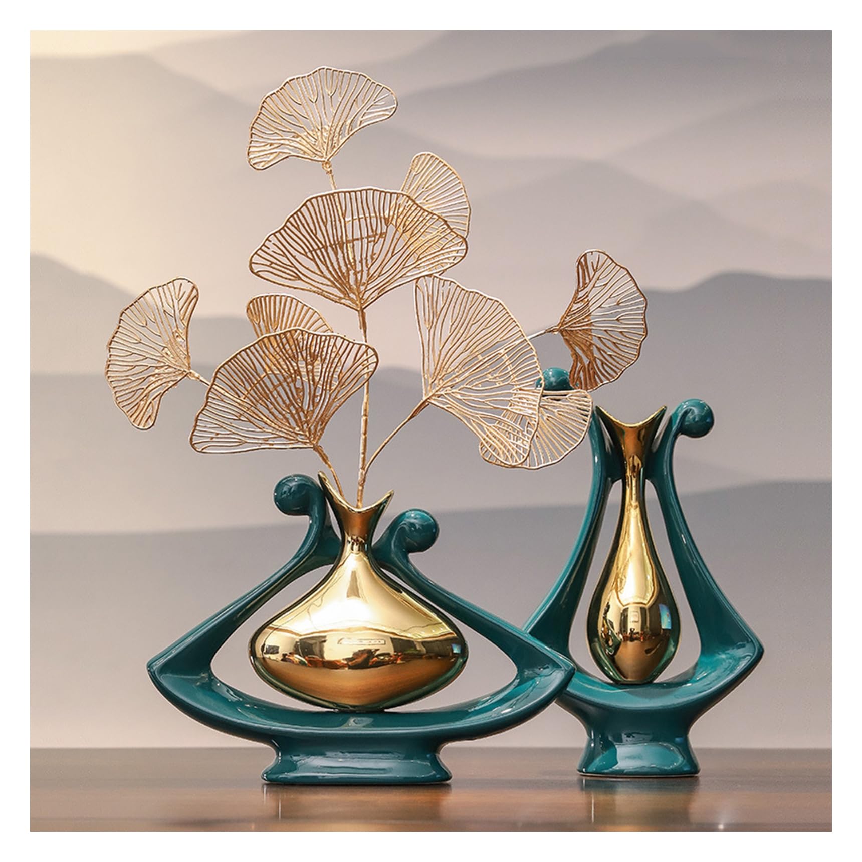 Grün Und Gold Keramik Vase, Moderne Aesthetic Room Decor, Blumenvase für Tischdeko Hochzeit, Wohnzimmer,Büro,Schlafzimmer Deko,Green Set