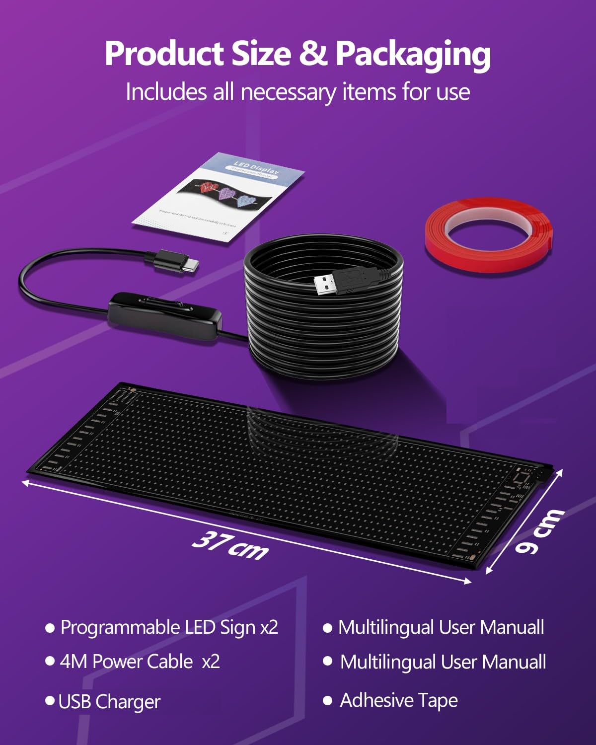 2pcs Insegna Luminosa LED Personalizzata,37 X 9 cm,Flessibile, Più Luminoso,Occhi Camion Led,Controllo via App Bluetooth,Schermo Led Programmabile per Auto Negozio e Pubblicità XAXVSTS