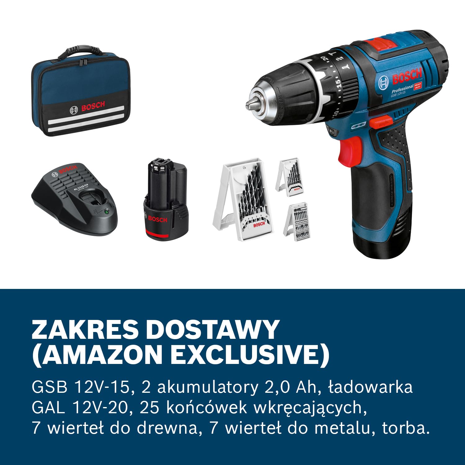Akumulatorowa wiertarko-wkrętarka udarowa GSB 12 V-15 | 2 x akumulator 2,0 Ah w torbie i akcesoriach
