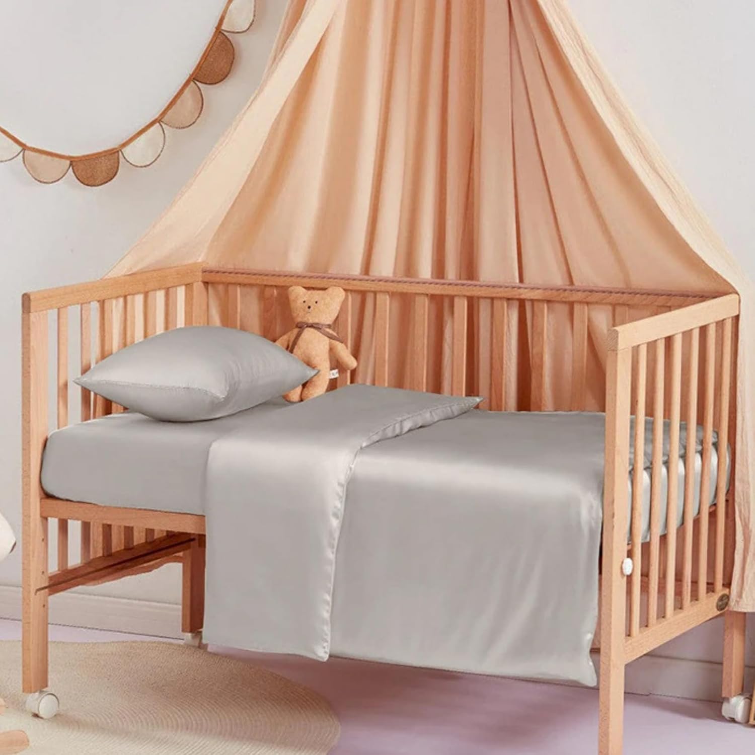 100% Mulberry Silk Crib Sheets for Baby Toddler Hair, Made in USA, Pure 22 Momme Organic Silk Boy Girl Fitted Crib Bed Sheet, Mini Crib Mattress Sheet, Soft Silk Crib Cover, Hypoallergenic (Grey)
