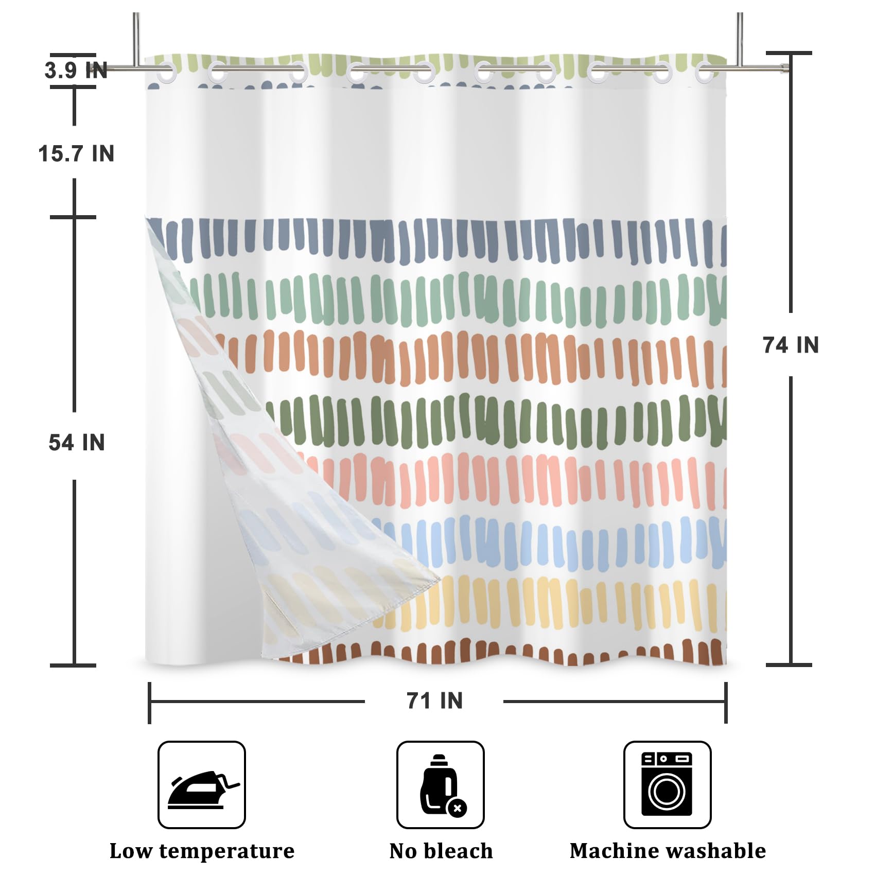 Duschvorhang ohne Haken, mehrfarbig, gestreift, mit Stoffeinsatz, Set für Badezimmer, Regenbogen-gestreift, Hotel, Duschvorhang und Auskleidung, durchsichtiger Duschvorhang mit Fenster, 180 x
