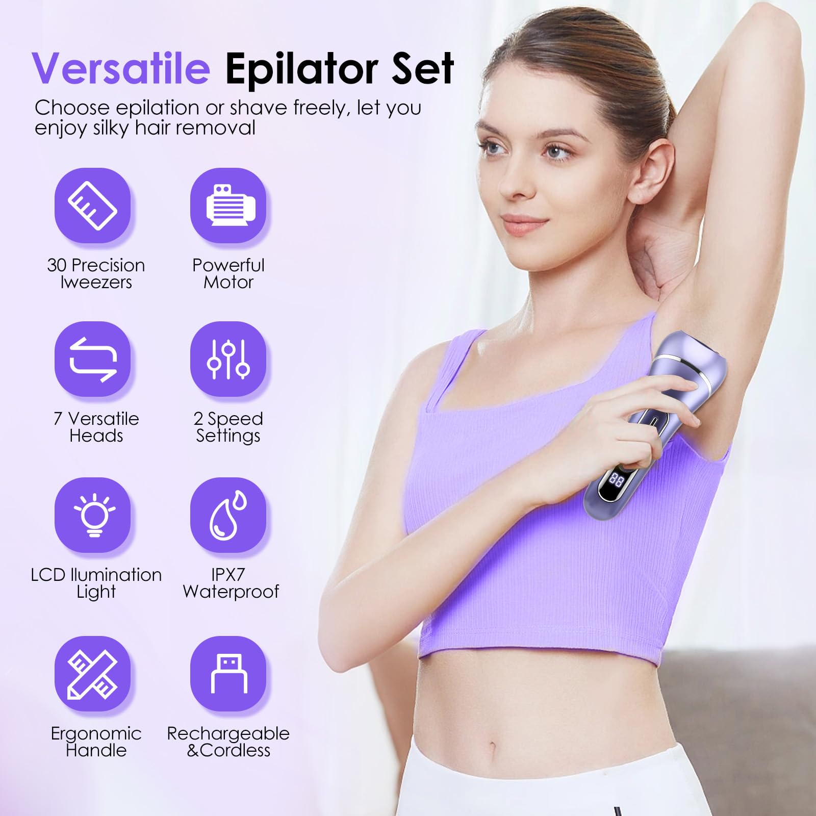 7-in-1 Epilierer Set für Damen, Kabelloser Nass- und Trockenepilierer mit LED-Licht, Gesichts- und Körperepilierer, IPX7 Wasserdicht, 90 Min Laufzeit