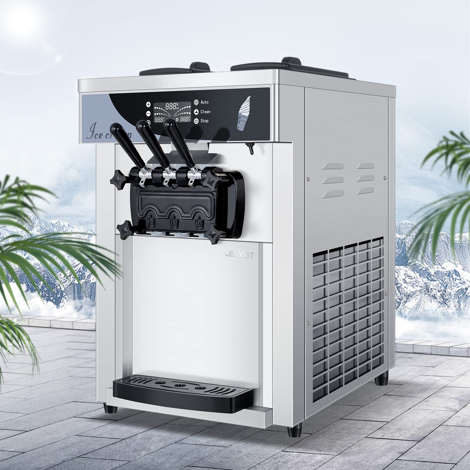 LEEVOT Gelatiera Elettrica Professionale per Gelati, macchina per gelato commerciale 25L/H con compressore di auto-raffreddamento, 12L, pronto in 3-5min, acciaio inox, 1650W, da banco
