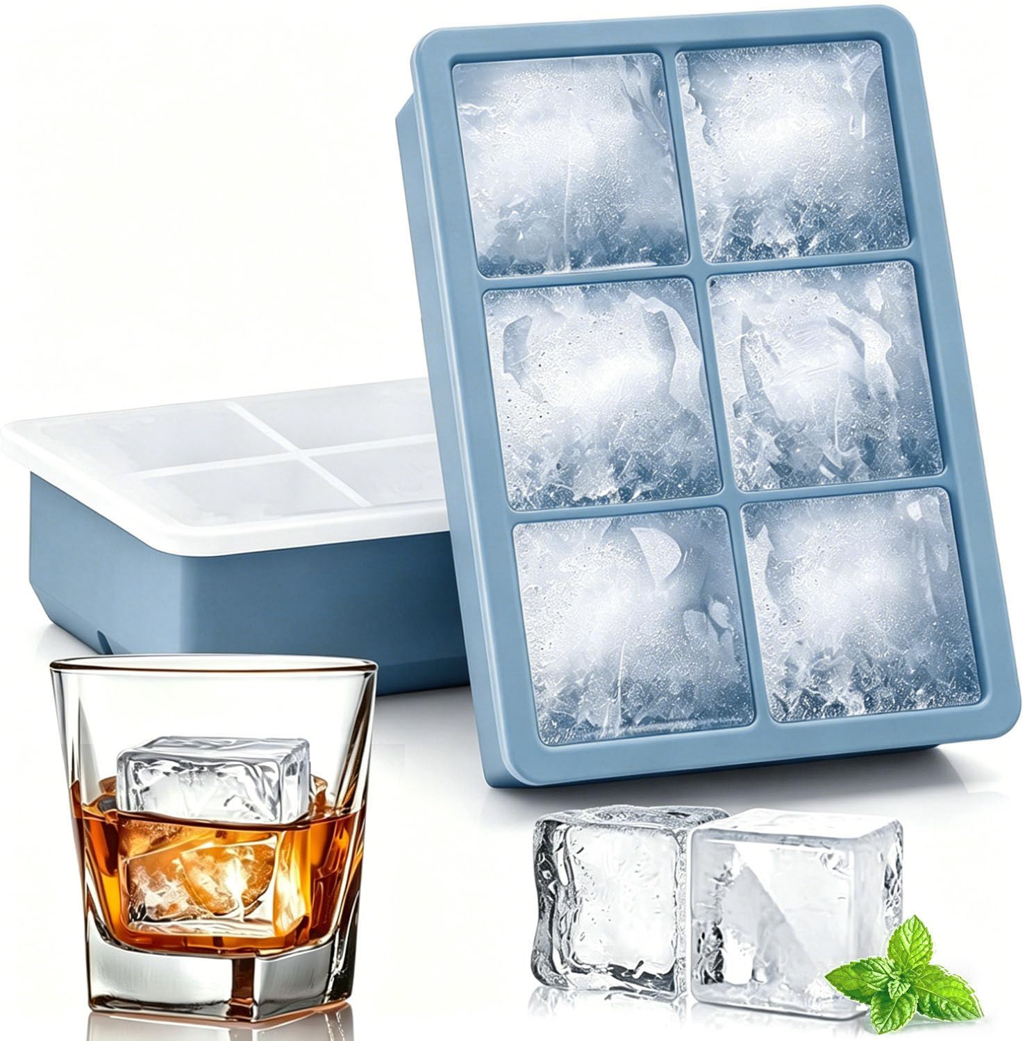 Azxb Large Silicone Ice Cube Tray (2-Pack), Easy Release 5 cm Big Ice Cubes - Cocktail, Whiskey Ice Cubes Mold - Ice Trays for Freezer with Lid Leak-Proof- Stackable Silicone Ice Tray
