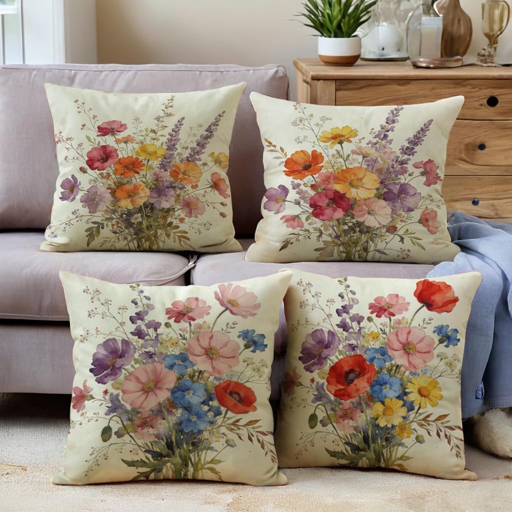Watercolor Flower Pillow Covers 18x18 Inch,Set of 4 Vintage Wildflower Floral Bouquet Cushion Cover Spring Farmhouse Home Decor Flower Pillowcases for Sofa Patio Bed (Pink/Purple) - Image 5
