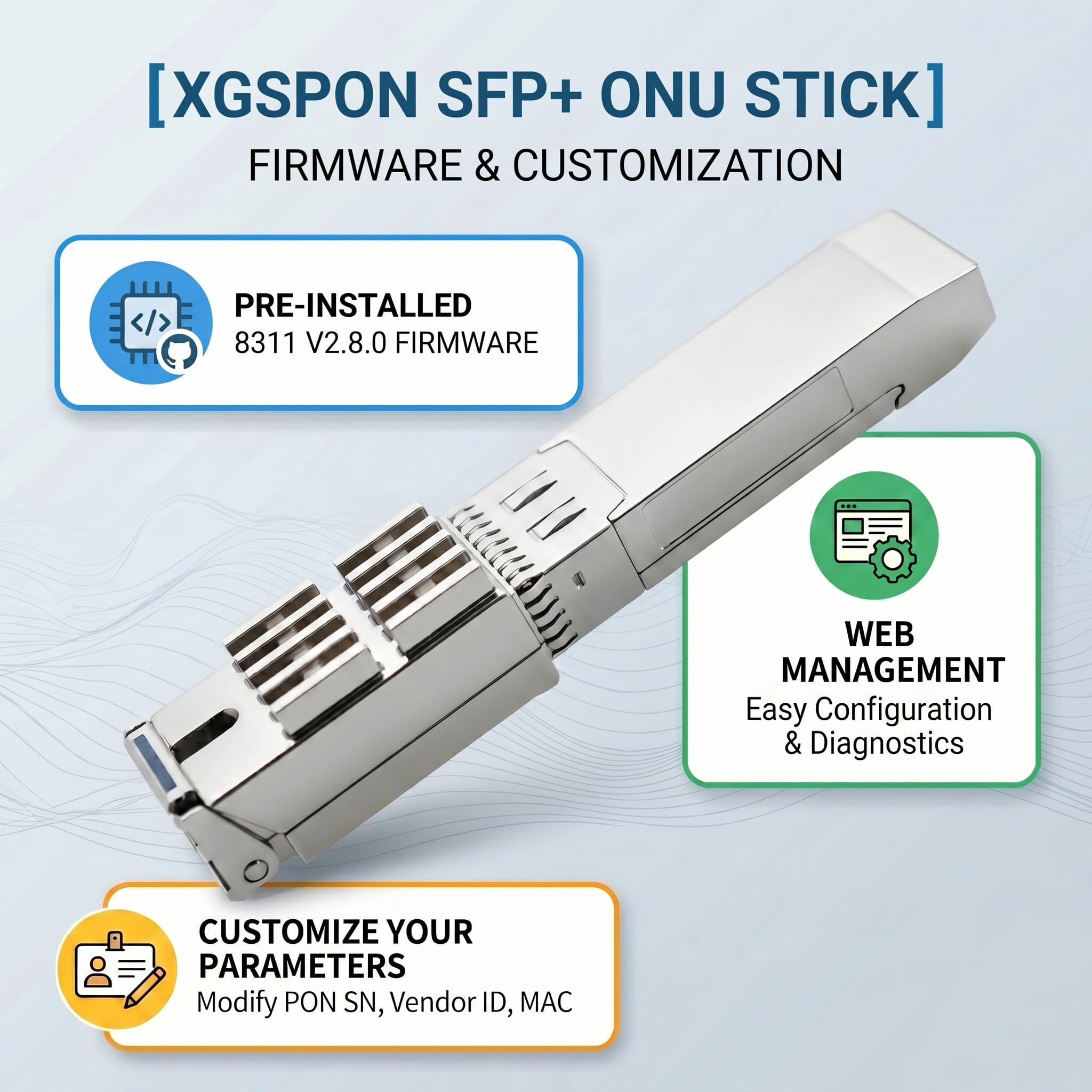 XGSPON ONU Stick SFP+ Transceiver, 10G symmetrisches Glasfaser-Gateway-Modul, langlebige Metallhalterung, Version 8311, kompatibel mit Huawei/ZTE/Ubiquiti/Mikrotik (SC/APC)