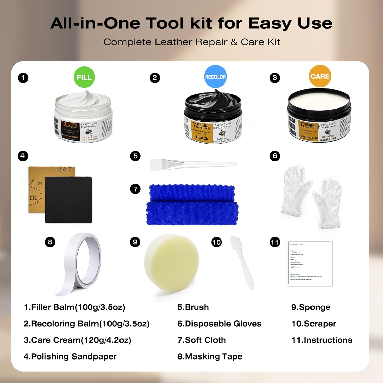 12H Quick-Dry Leather Repair Kit with 3.53Oz Black Leather Recoloring Balm, Filler & 4.23Oz Conditioner and Cleaner, 3-in-1 Vinyl Repair Set for Sofa, Car Seats, Jackets, Purses, Shoes, Faux Leather - Image 2