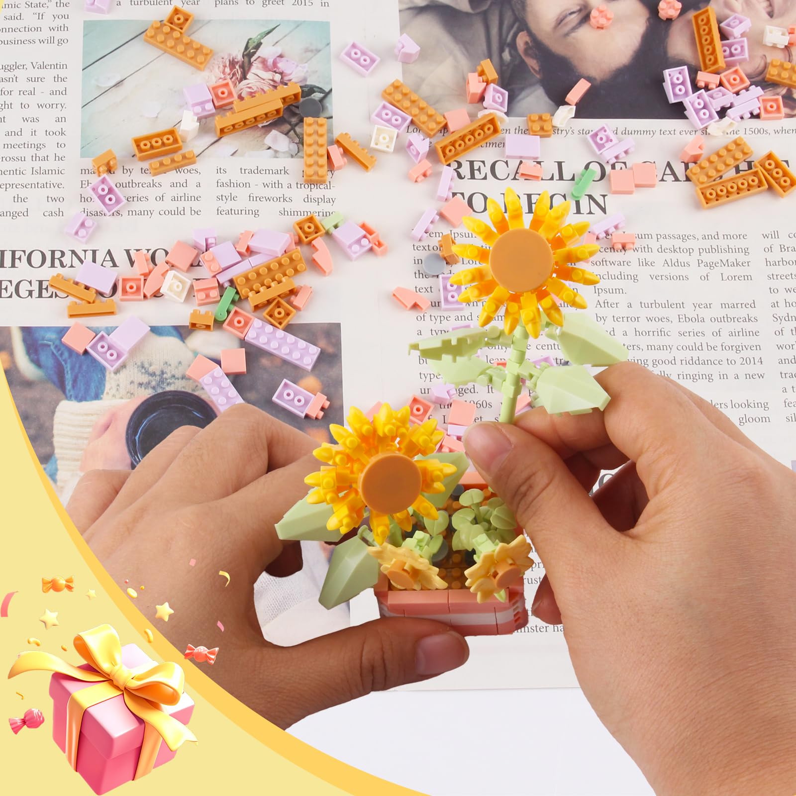 CYIOU 2 Pieces Mini Flowers Building Blocks Set Artificial Potted Flowers Blocks Botanical Collection Flower Home Decor for Adults Kids Ages 7+ (Rose 317 Pcs Sunflowers 367 Pcs) - Image 4