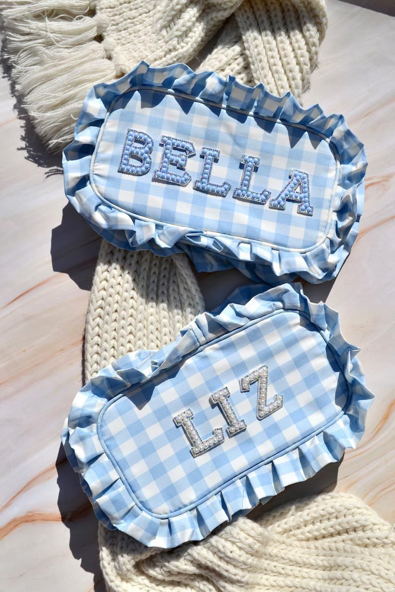 Generic Custom Blue Ruffle Makeup Bag, Last Toast on the Coast Swimsuit Bag, 30a Bach, Rosemary Beach Bach, Hamptons Bach, Coastal Granddaughter, Blue/White