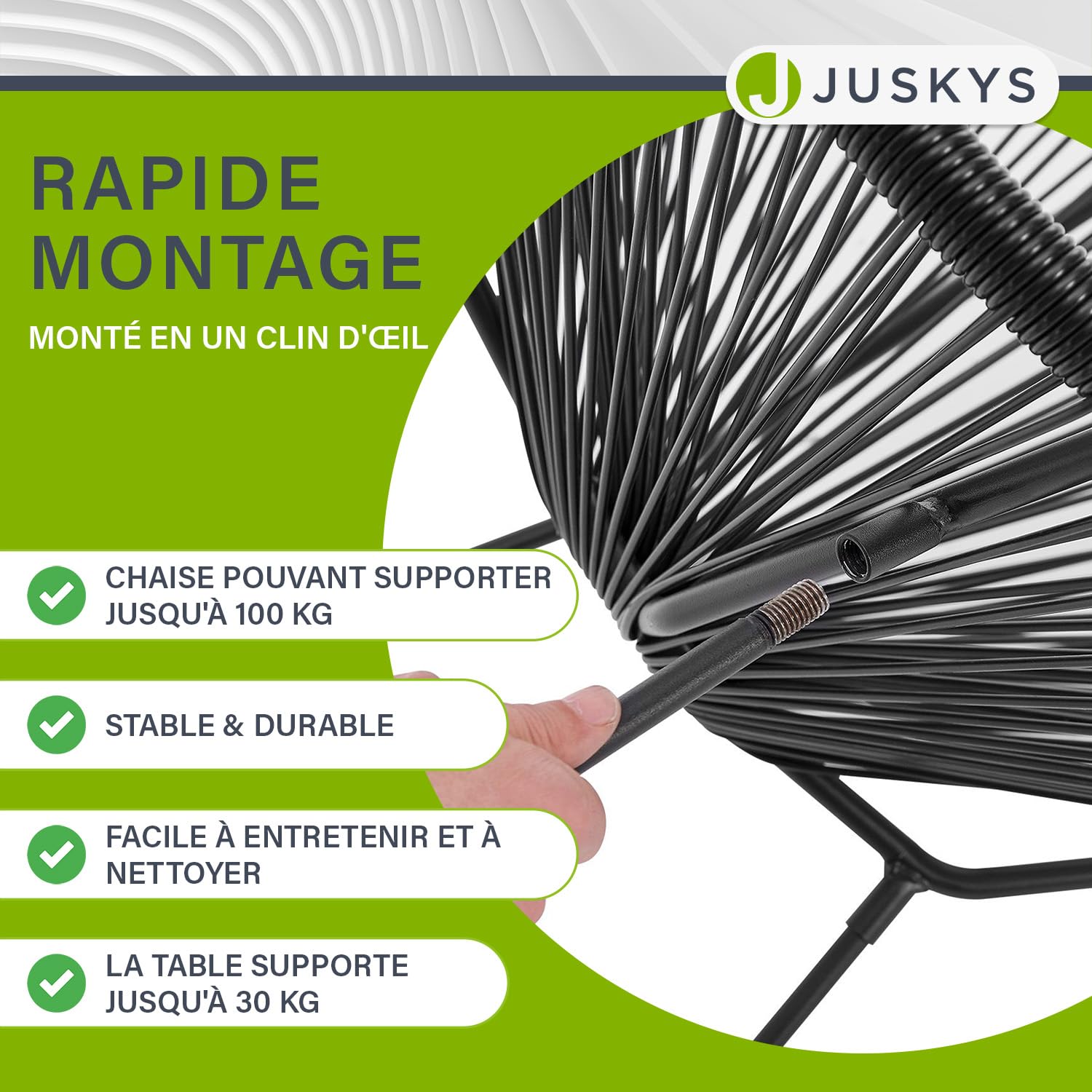 Juskys Ensemble de Meubles de Balcon Ostana en 3 Parties - Table et 2 fauteuils - Groupe de sièges élégant pour Balcon, terrasse et Jardin - Ensemble de Meubles de Jardin pour Balcon Noir