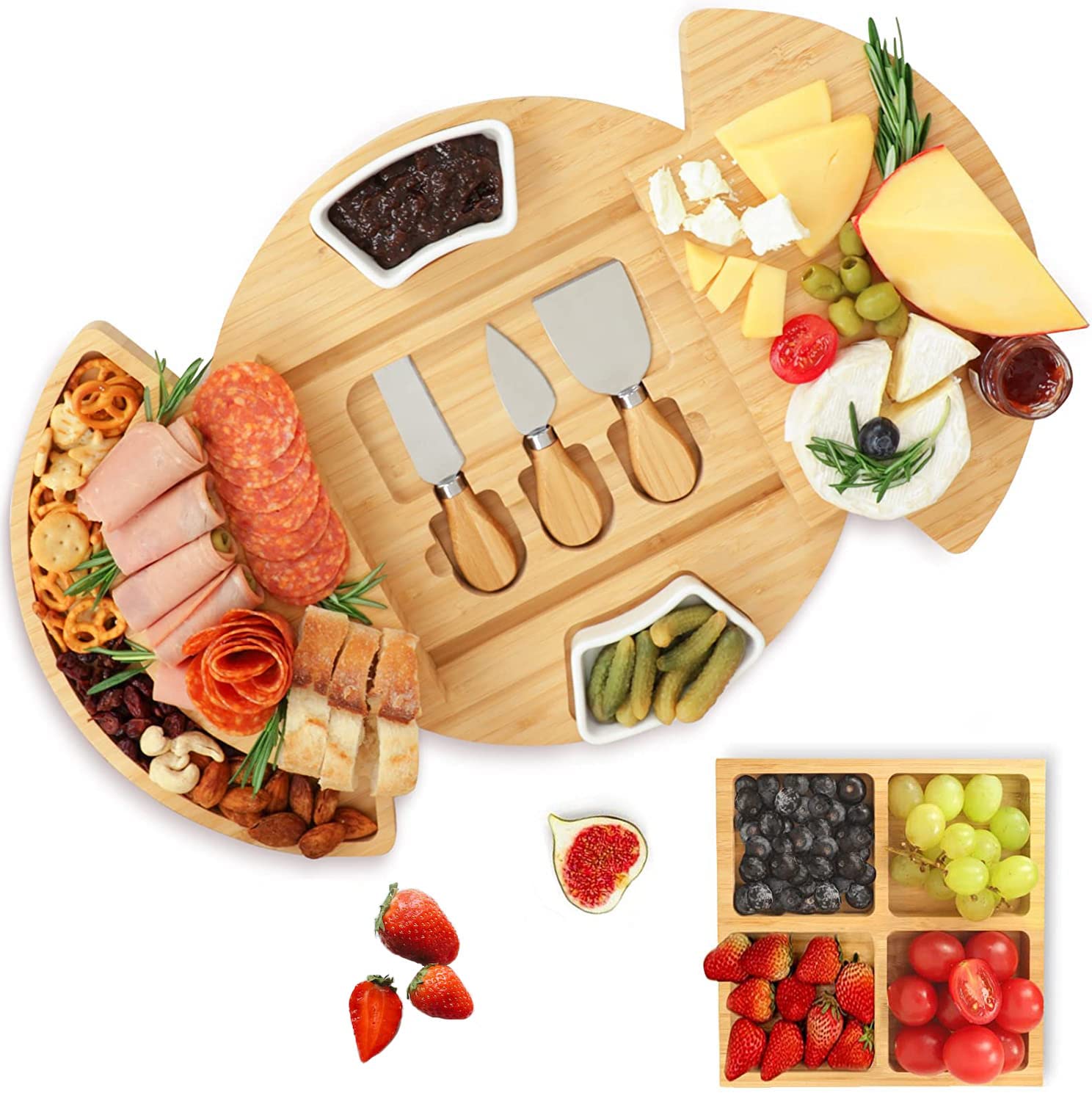 Louis Donné Käsebrett Rund aus Holz, Serviertablett mit Käsemessern, Charcuterie Board, Käseplatte als Einweihungsgeschenk & Hochzeitsgeschenk