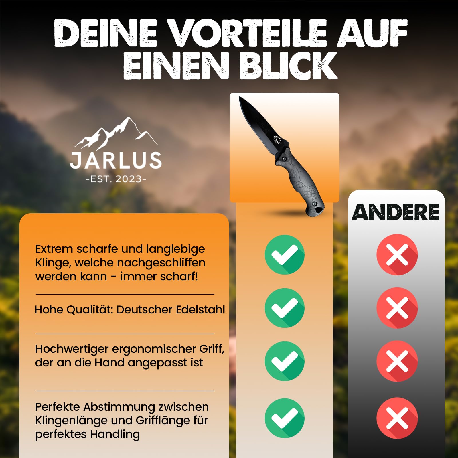 Jagdmesser - Premium Outdoor Messer mit scharfer feststehender Klinge aus Edelstahl 11,5 cm - Survival Messer mit Messertasche