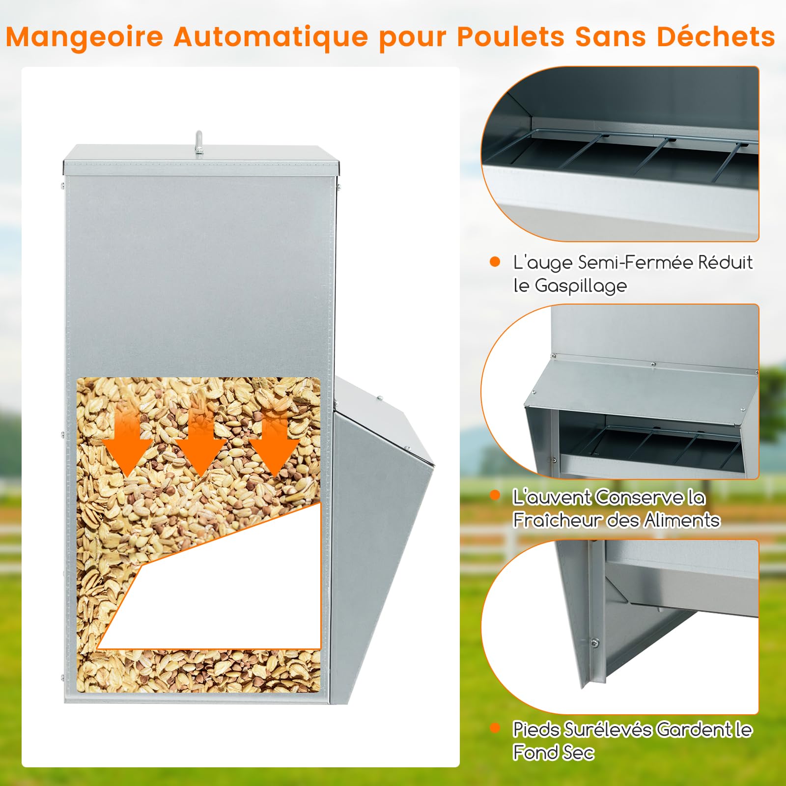COSTWAY Mangeoire Poules XXL Anti Nuisible 22 kg, Fixation Murale/Sol, Métal Galvanisé, Mangeoire Poule Automatique pour Canards Oies Faisans Dindes, Ideal Microfermes et Élevages Familiaux