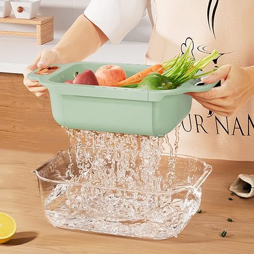 Colador sobre el fregadero con cuenco extensible para lavar la cocina, 2 en 1, de doble capa y cesta para lavado de frutas y verduras, pasta de