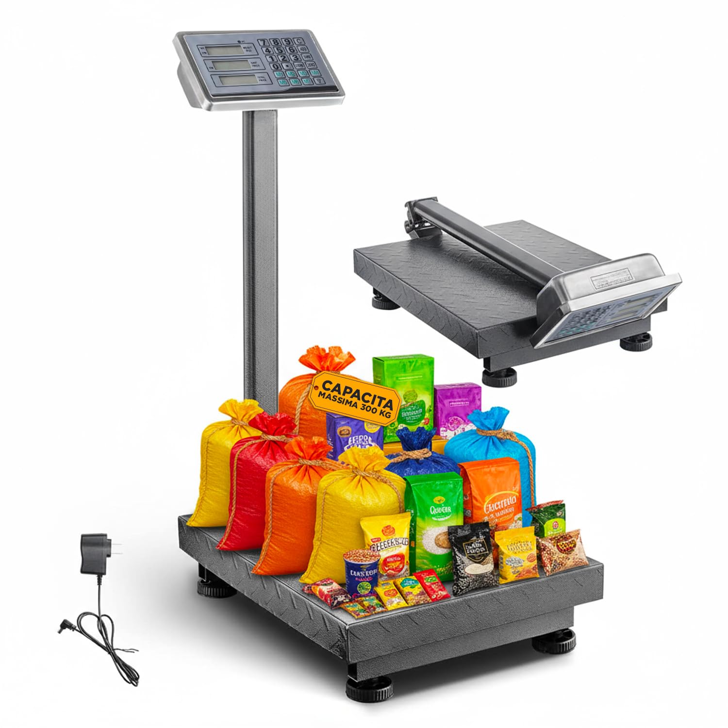 Daimann - Bilancia Professionale Elettronica Richiudibile 300kg con Triplo Display LCD Retroilluminato, Piattaforma Antiscivolo, Funzione TARA e Batteria Ricaricabile per Pesatura Rapida