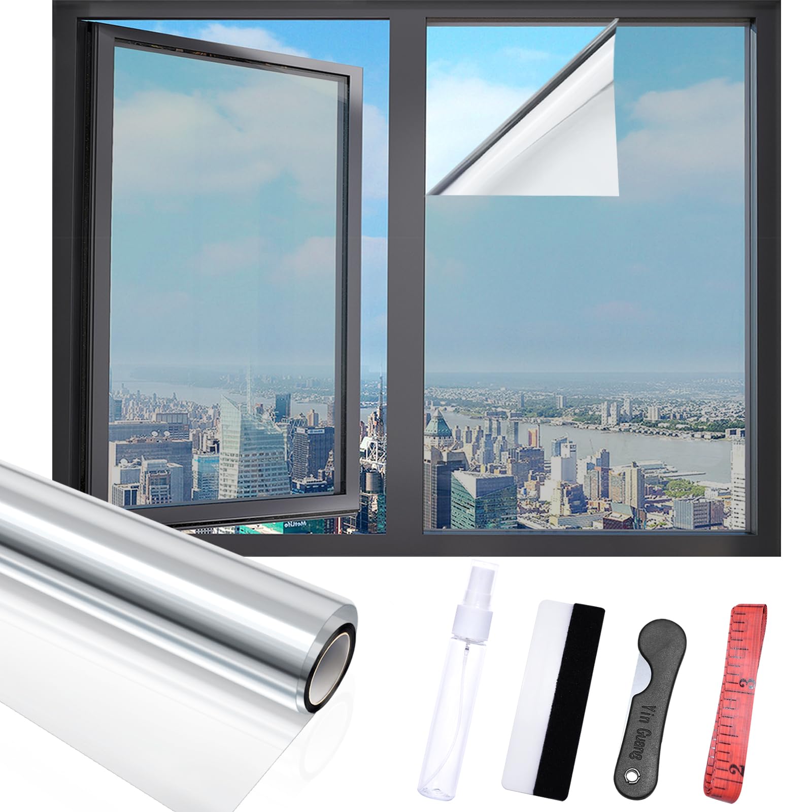One Way Privacy Window Film, Static Cling Reflective Sun Blocking Tint for Home, Daytime Mirror Privacy & Heat Control Glare Reduction, No Residue with Installation Kit (Silver, 17.5 x 78.7 Inch)