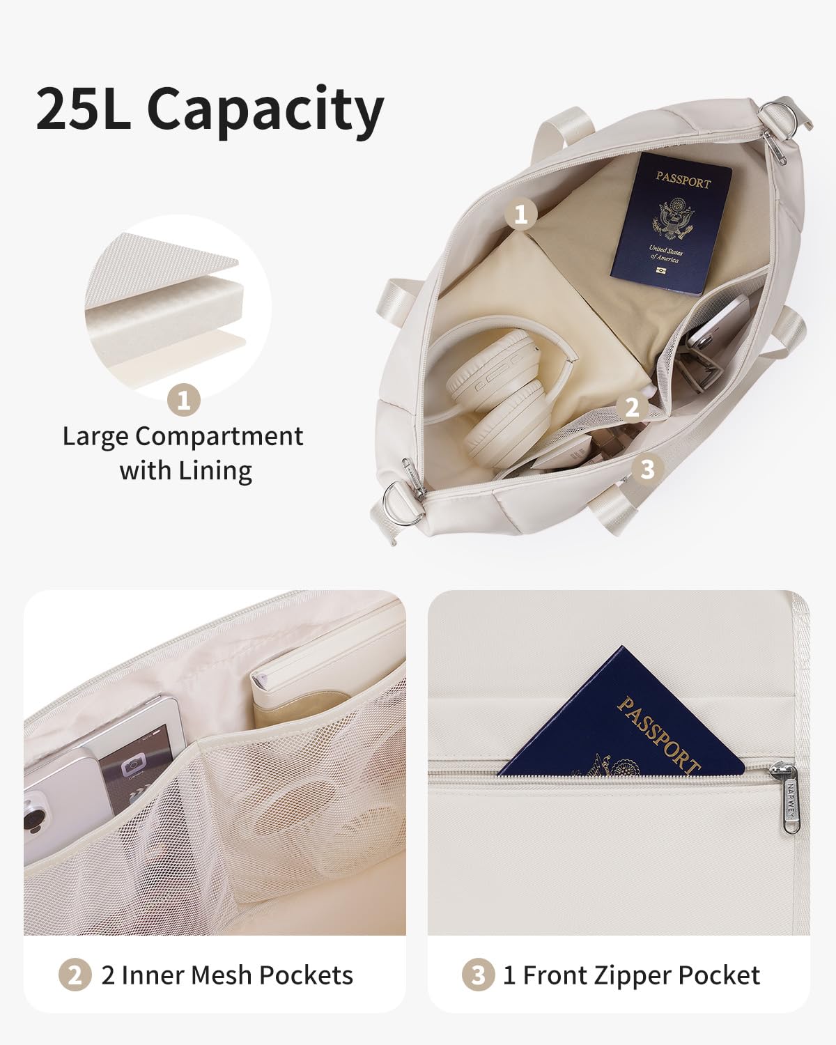 Narwey Travel Duffle Bag for Women Men, Weekender Sports Gym Tote Bags for Women, Personal Item Travel Bag Airplane, Overnight Hospital Shoulder Bag, Carry on Luggage with Trolley Sleeve (Beige) - 4