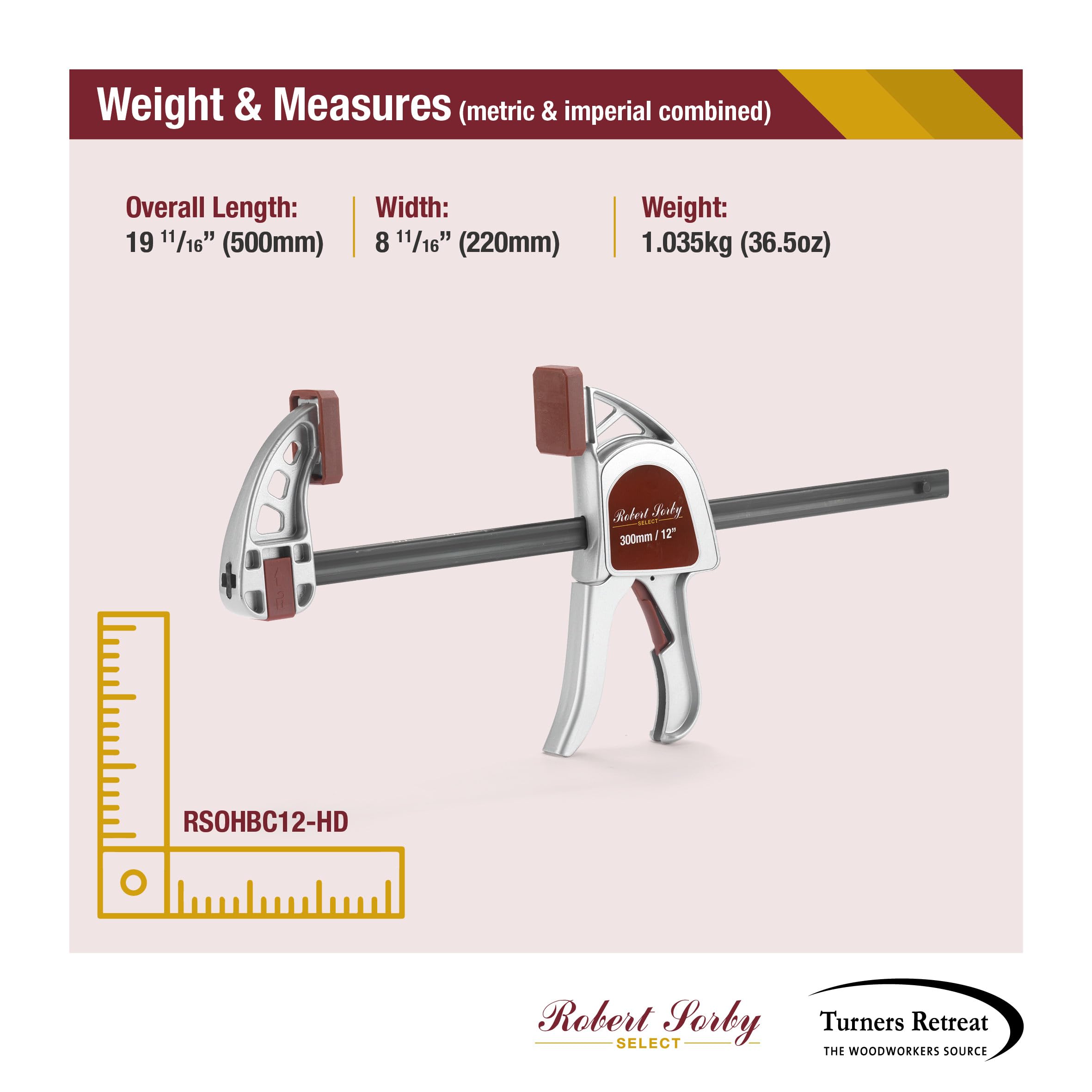 Robert Sorby Select Sargento de Barra Reforzado con Una Mano 305mm 12", Prensa y Separador 300kgf, Cuerpo de Aluminio, Profundidad 85mm