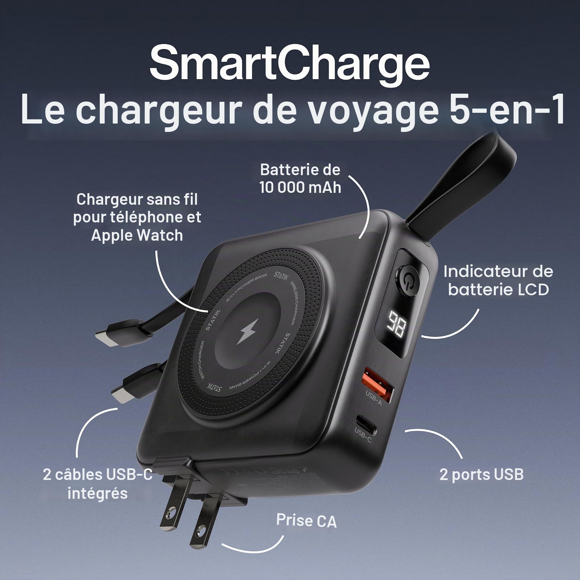 STATIK SmartCharge Batterie externe de voyage 5 en 1 avec prise murale et câbles USB C intégrés, 10 000 mAh essentiels de voyage internationaux et chargeur portable européen, compatible avec iPhone 16