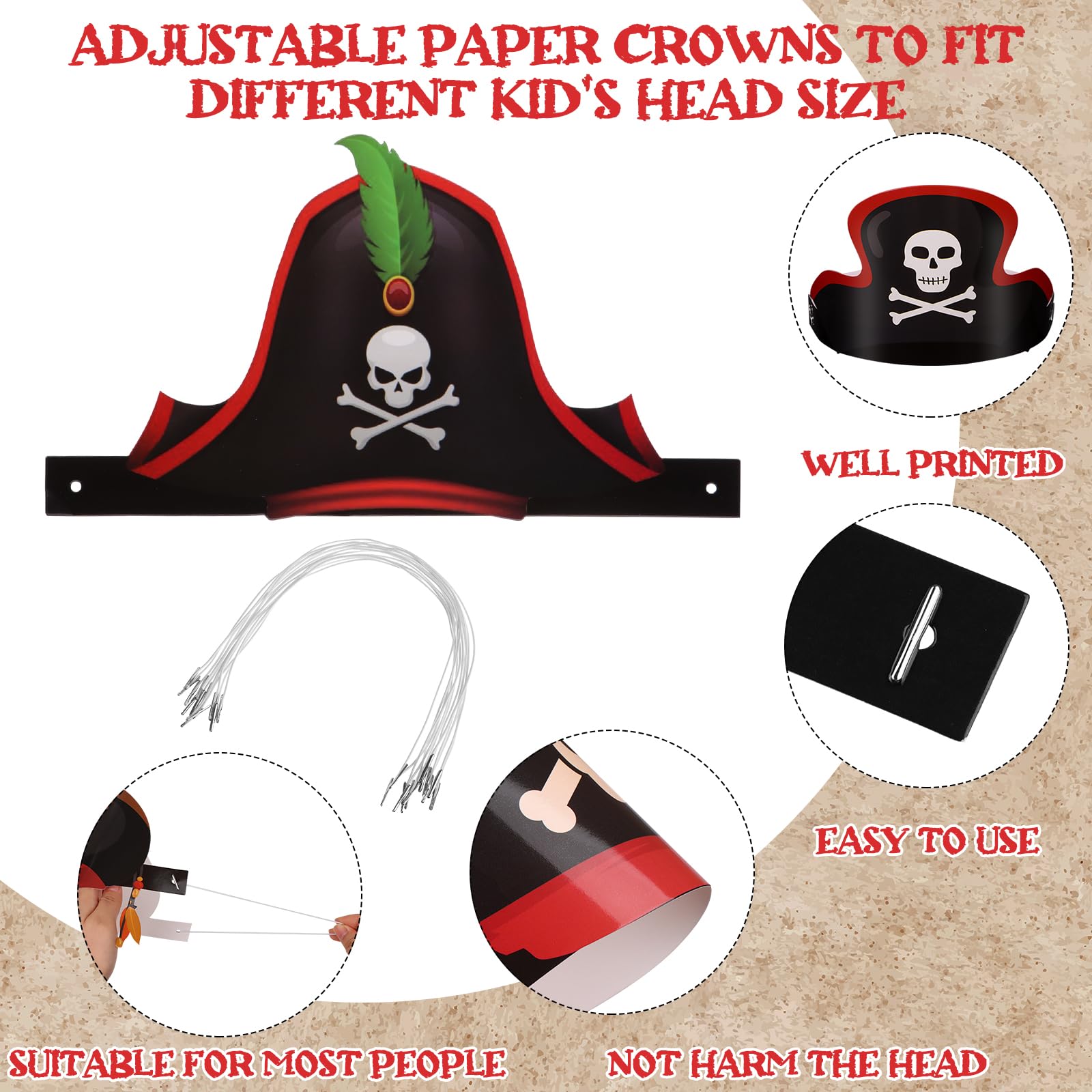 CCCYMM 12 Pcs Paper Pirate Hats Bulk Skull Pirate Party Accessories Captain Costume Cap for Halloween Decoration Cosplay Masquerade Headwear Dress up - Image 2